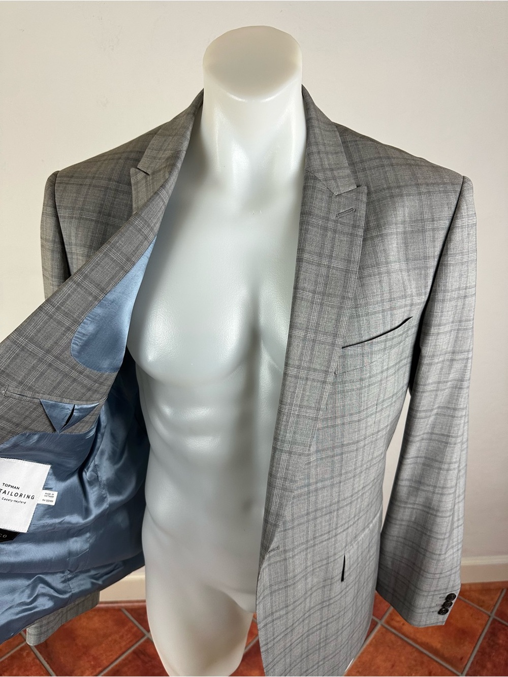 Topman Wool Single Button Grey Plaid Blazer